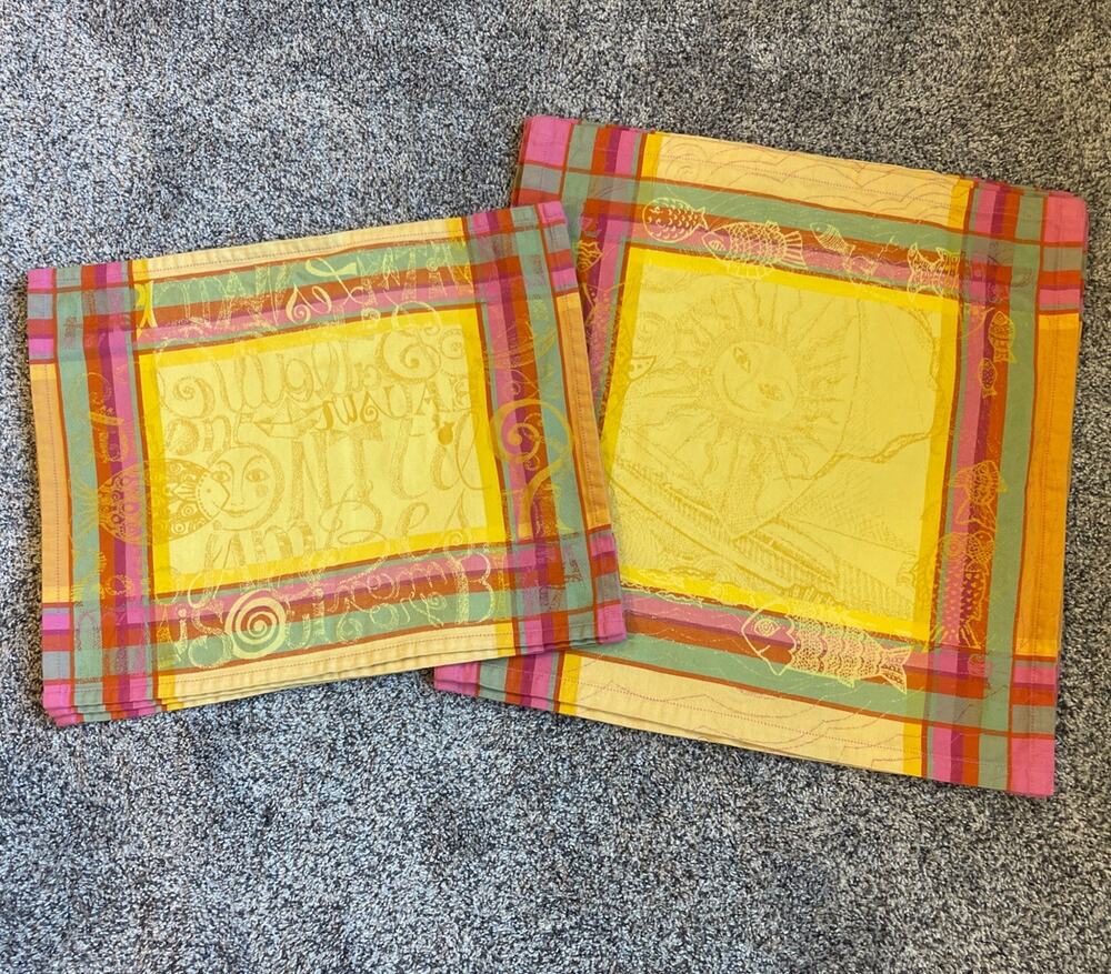 Vintage Set Jacquard Colorful Table Linens 4 Placemats 4 Napkins Fish Sun